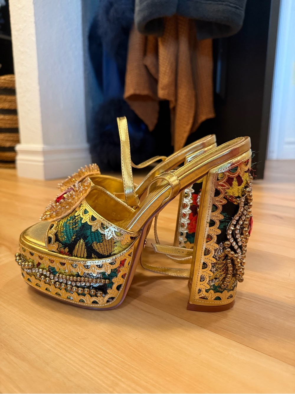 Gold Platform Slingback Heels with Red Gem Accents - Picture 4 of 6